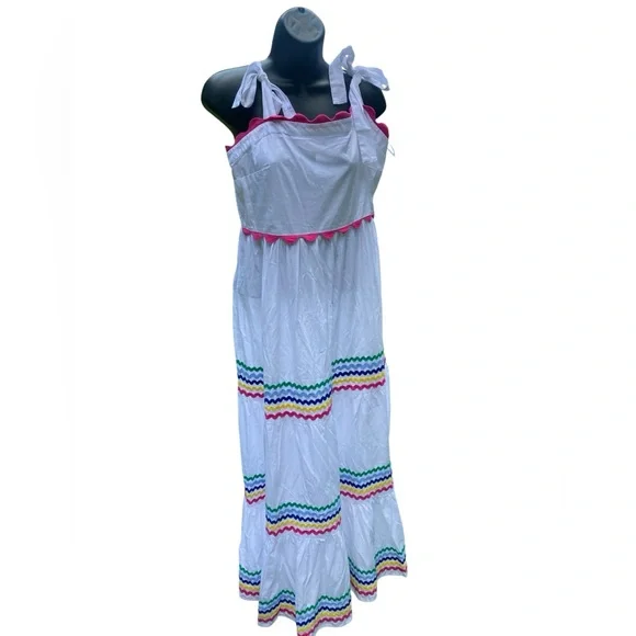 Crown & Ivy , Tiered, Ruffled, And Smocked RainbowWhte Dress 🌈 Cottagecore Large - Picture 3 of 10